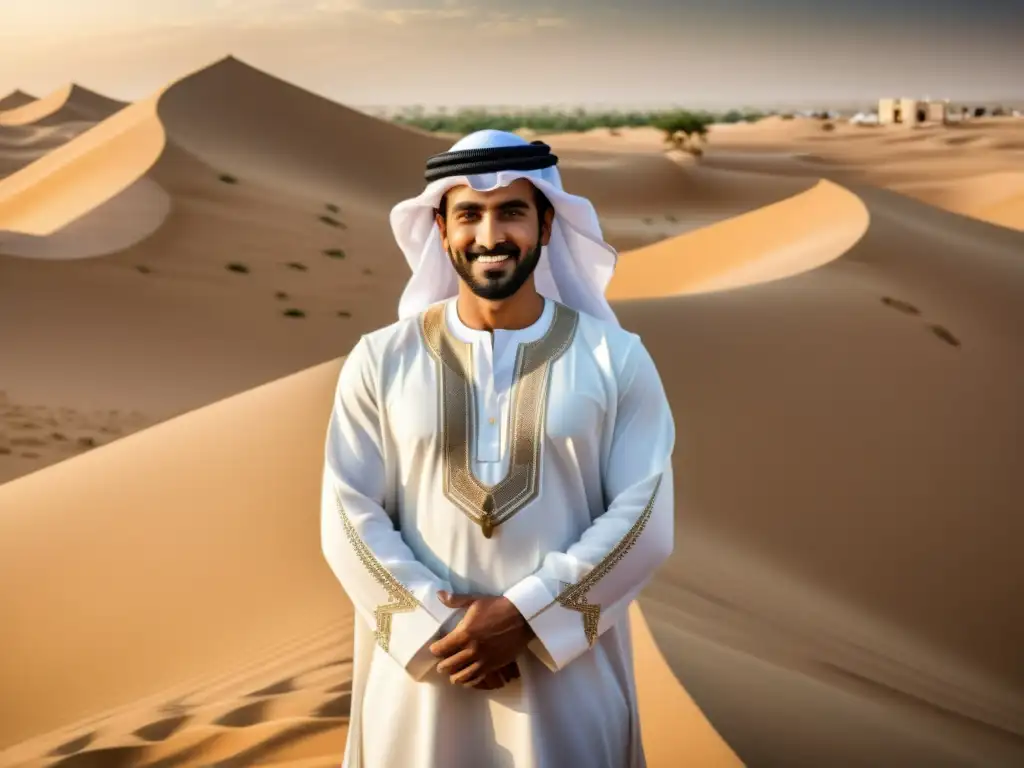 Un orgulloso hombre emiratí viste su kandura tradicional, destacando la identidad cultural y el esplendor del traje típico emiratí