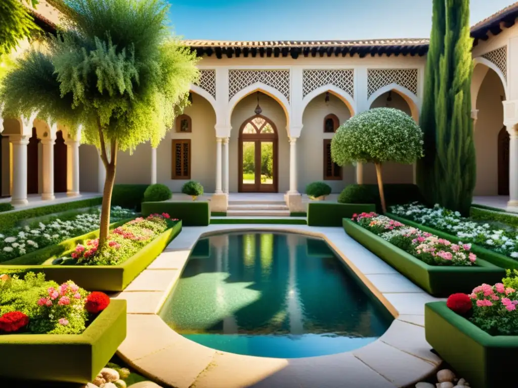 Un jardín otomano con vibrantes flores y exuberante vegetación, rodeado de arquitectura elegante y elementos tradicionales