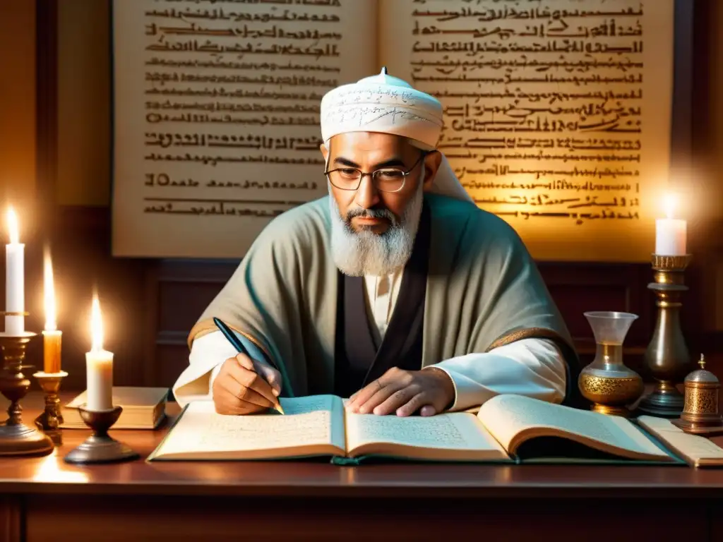 Al-Khwarizmi padre del álgebra inmerso en su impacto histórico, rodeado de ecuaciones y manuscritos, iluminado por luz de velas