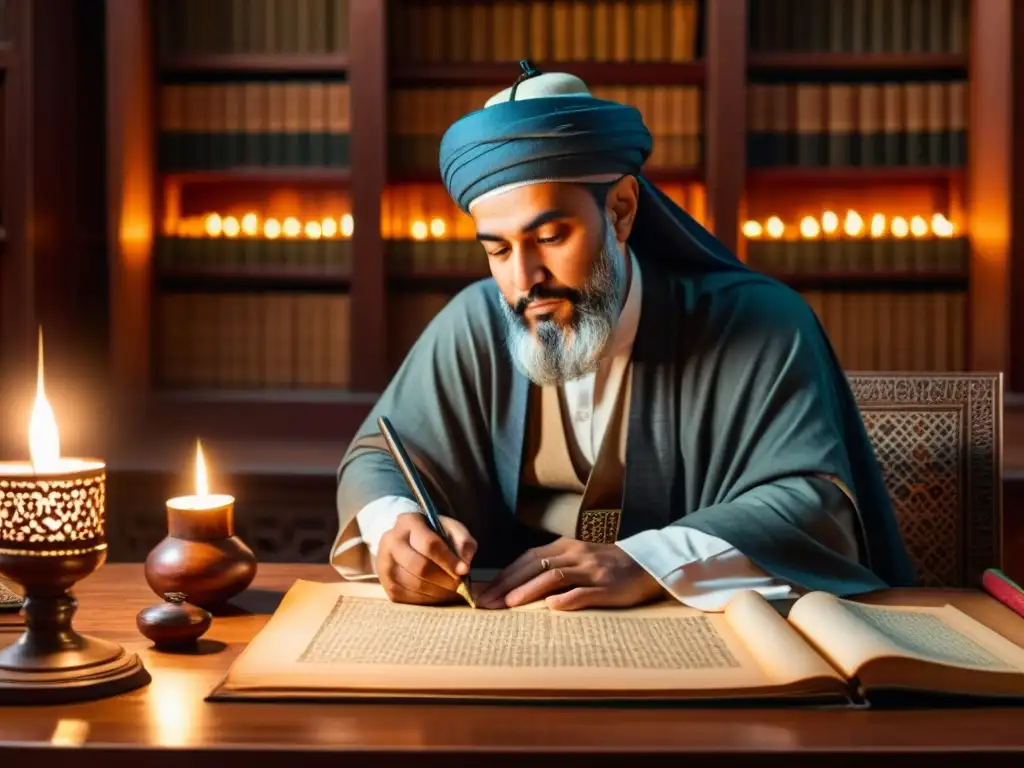 Ibn Khaldun, padre de la sociología moderna islámica, inmerso en su estudio con luz de velas y antiguos manuscritos