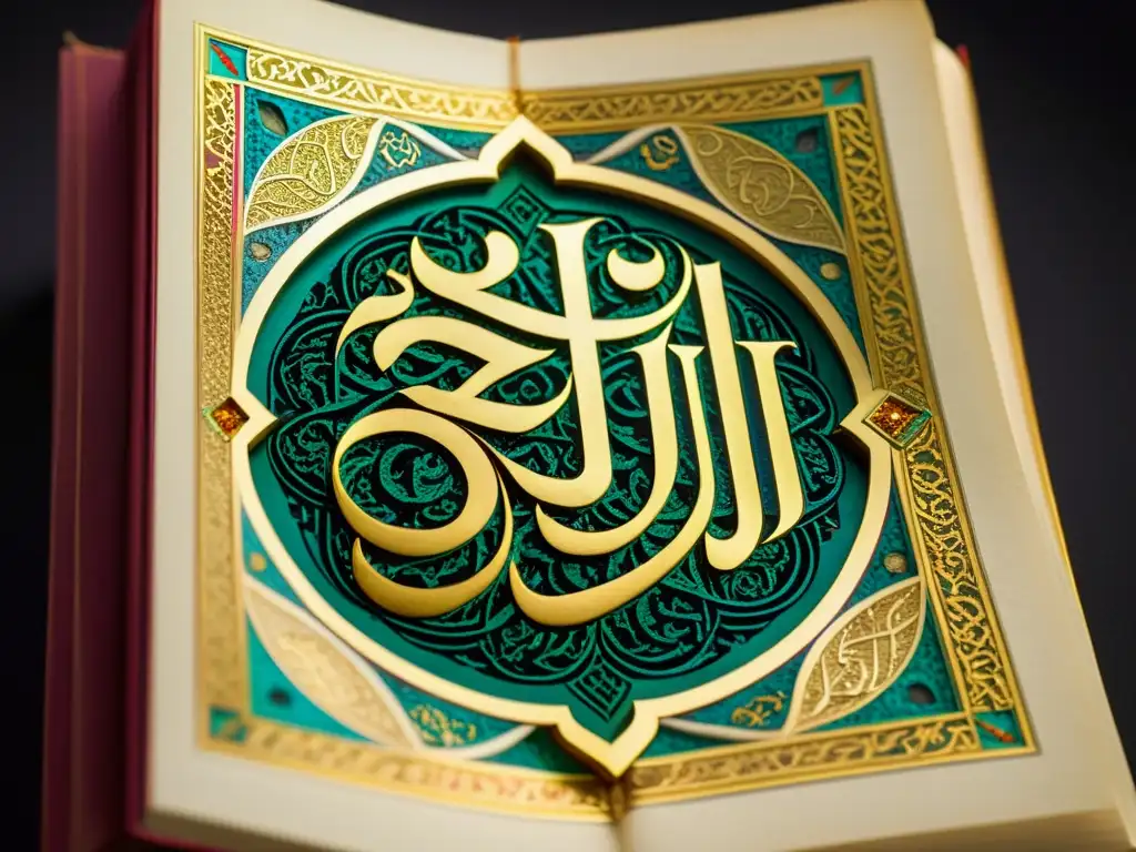 Una página del 'Kitab al-Mustabsir' de Ibn Muqla exhibe exquisita caligrafía árabe, adornada con detalles en oro y colores vibrantes, reflejando la influencia del arte caligráfico árabe en el Renacimiento europeo