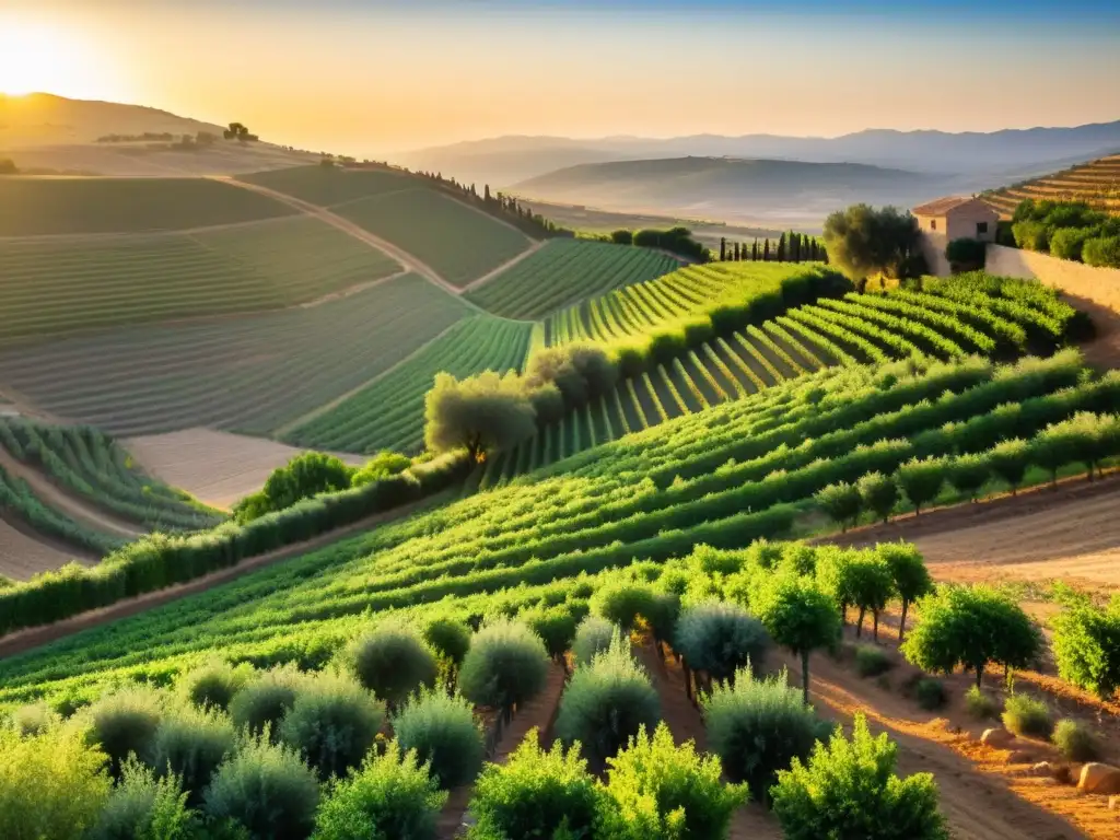 Un paisaje andaluz exuberante y vibrante con campos en terrazas de naranjos, olivos y uvas