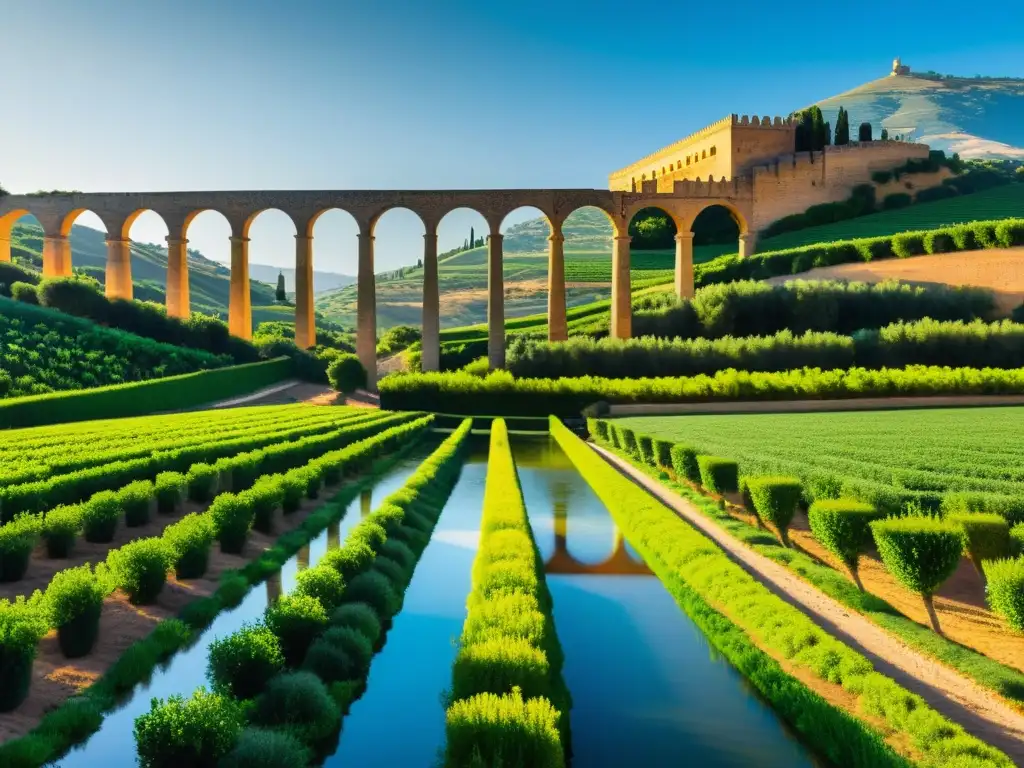 Un paisaje andaluz vibrante con campos verdes y un acueducto medieval