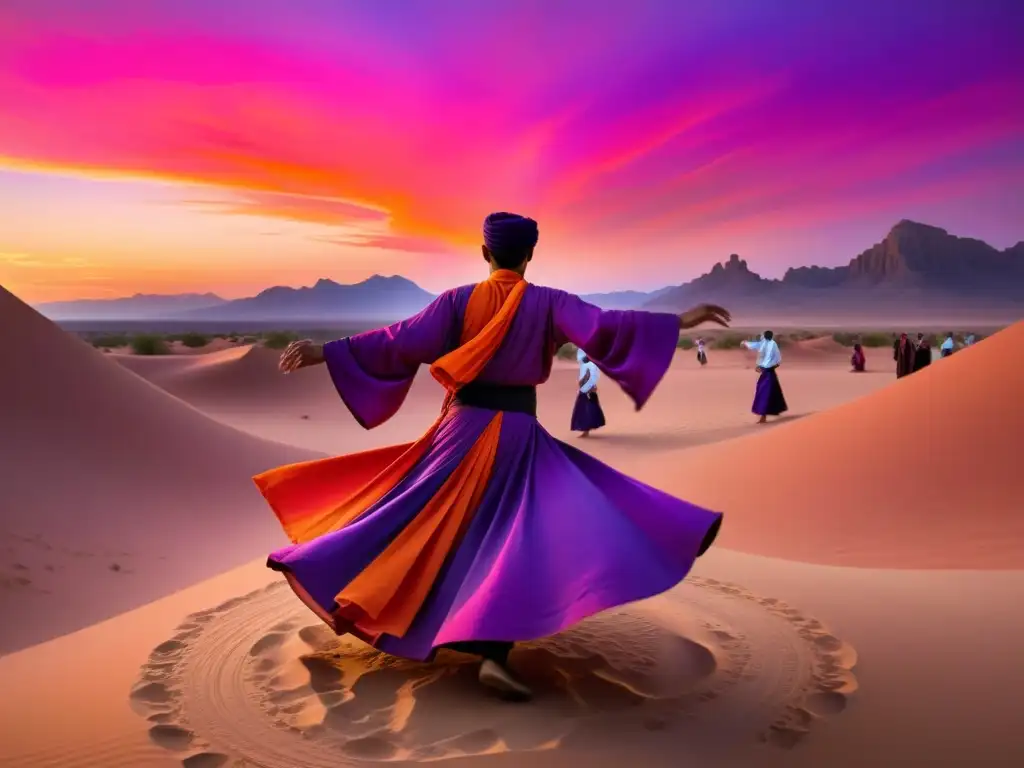 Un paisaje desértico al atardecer con un bailarín sufí rodeado de espectadores, evocando la narrativa sufí y su impacto en la espiritualidad islámica