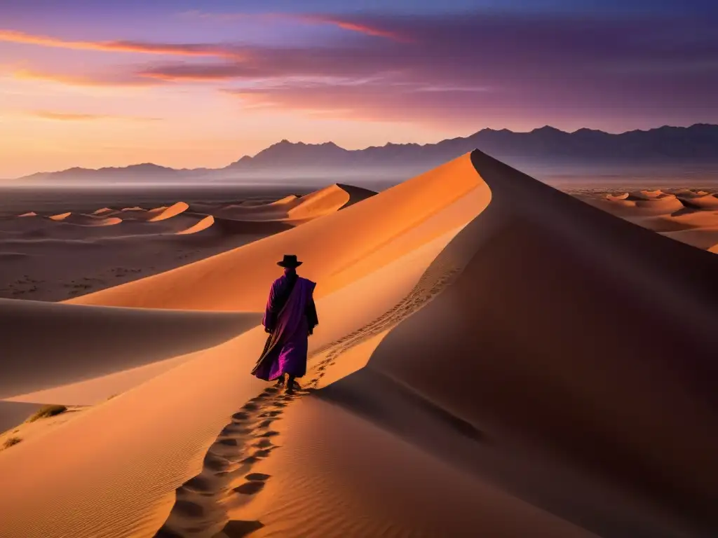 Un paisaje desértico al atardecer, con colores vibrantes y una figura solitaria en ropa Sufi, evocando la espiritualidad islámica