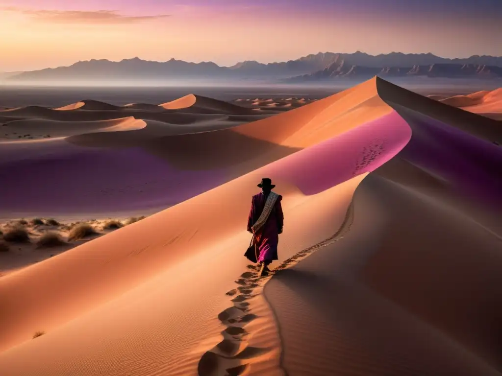 Un paisaje desértico al atardecer con dunas de arena y un sol cálido