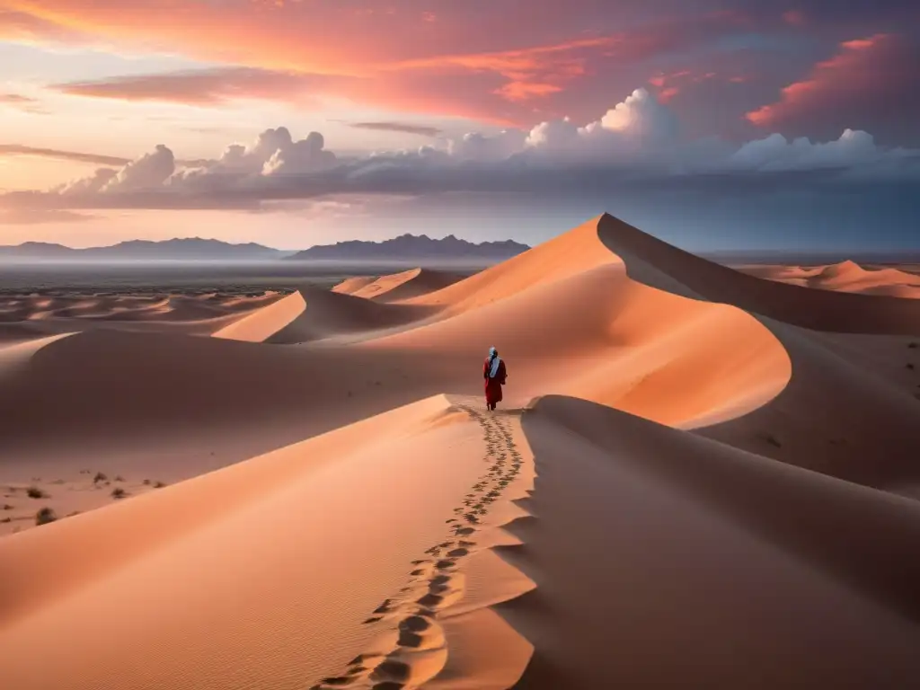 Un paisaje desértico al atardecer con dunas de arena y un cielo vibrante en tonos naranja y rosa