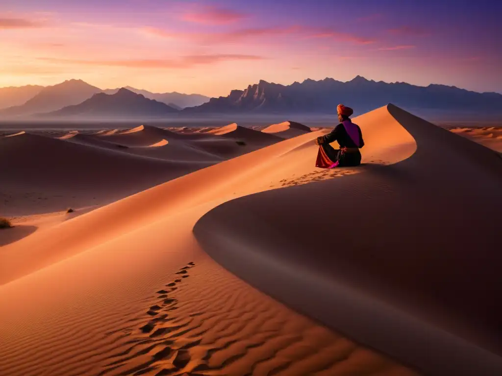 Un paisaje desértico al atardecer con una figura solitaria en meditación, evocando la espiritualidad de los cuentos sufíes