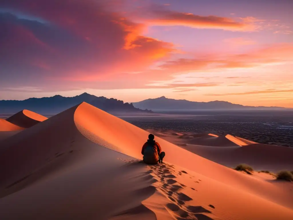 Un paisaje desértico al atardecer con una figura solitaria en contemplación frente a un campamento