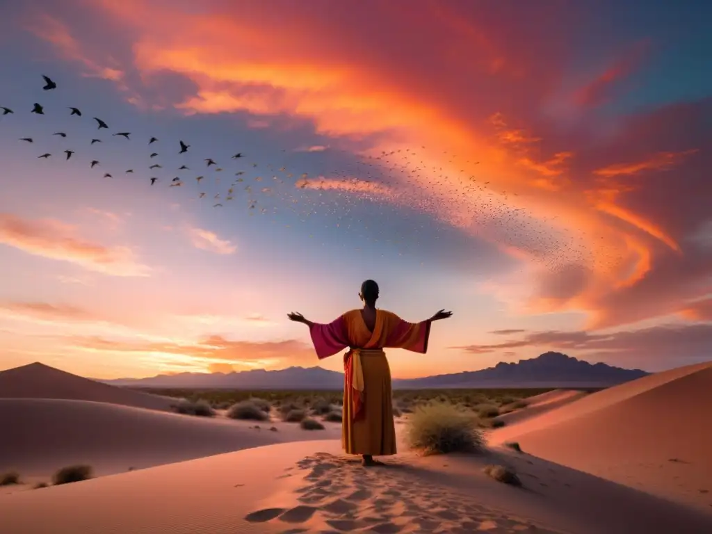 Un paisaje desértico al atardecer con una figura solitaria en túnicas, observando el cielo mientras las aves vuelan