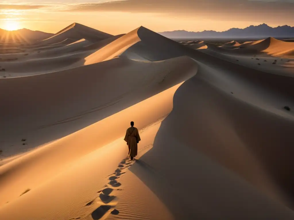 Un paisaje desértico al atardecer con una figura solitaria en túnicas, contemplando el cielo estrellado