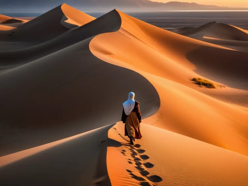 Un paisaje desértico al atardecer con una figura solitaria, vestida con atuendo islámico, mirando pensativamente al horizonte