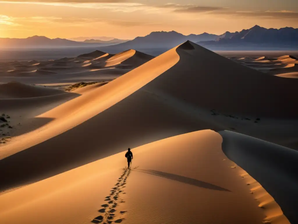 Un paisaje desértico al atardecer con una figura solitaria en un camino