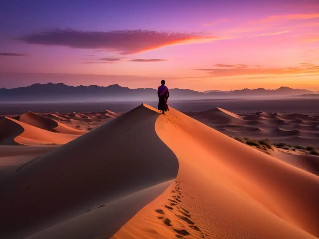 Un paisaje desértico al atardecer con un solitario sufí en meditación, transmitiendo sabiduría espiritual en Asia