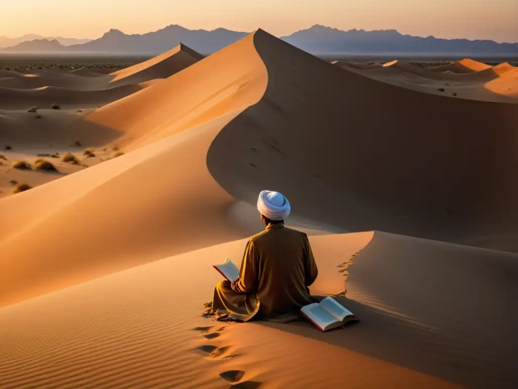 Un paisaje desértico cautivador al atardecer, con un figura solitaria en atuendo sufí, rodeada de serenidad contemplativa