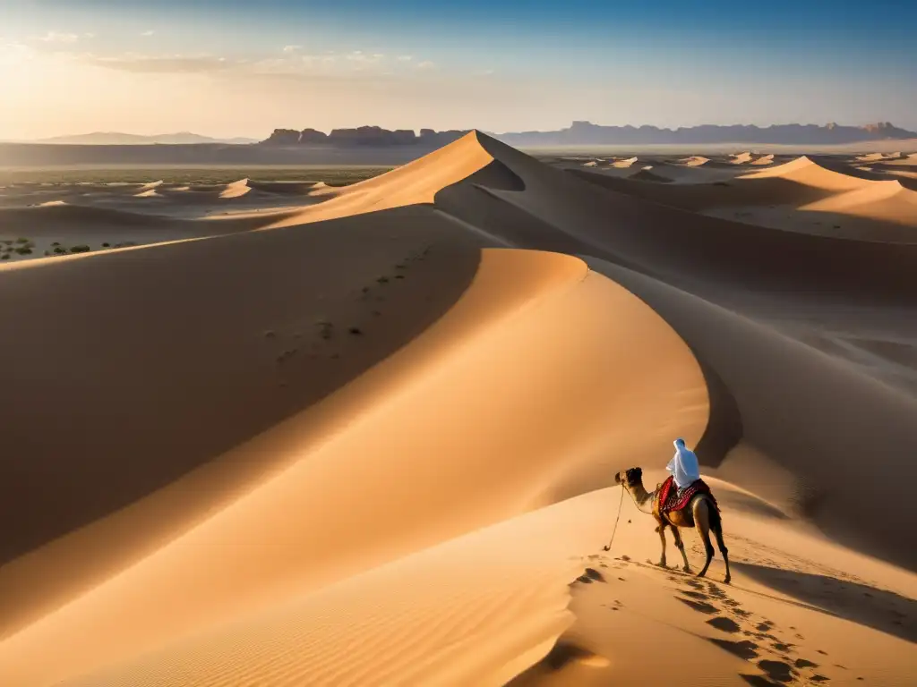 Un paisaje desértico dorado y vasto con dunas ondulantes bajo un cielo azul