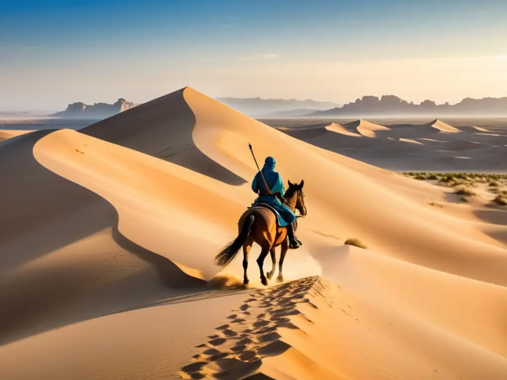 Un paisaje desértico con dunas, un jinete con espada dorada, evocando paralelismos entre Epopeya Islámica