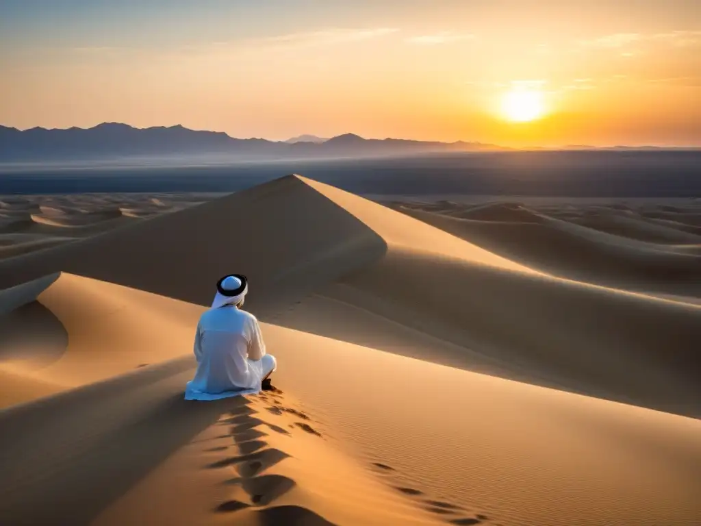 Un paisaje desértico extenso con el sol poniéndose, un figura islámica en contemplación y un cielo estrellado