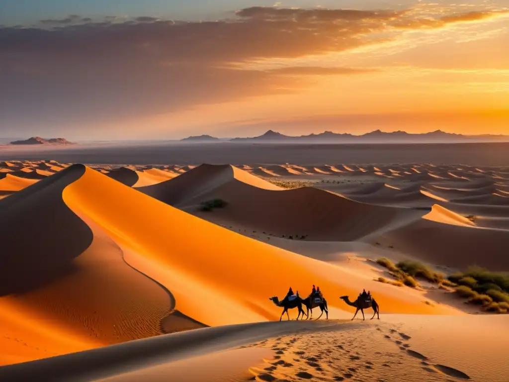 Un paisaje desértico iluminado por el sol poniente, con dunas detalladas y un campamento beduino al fondo