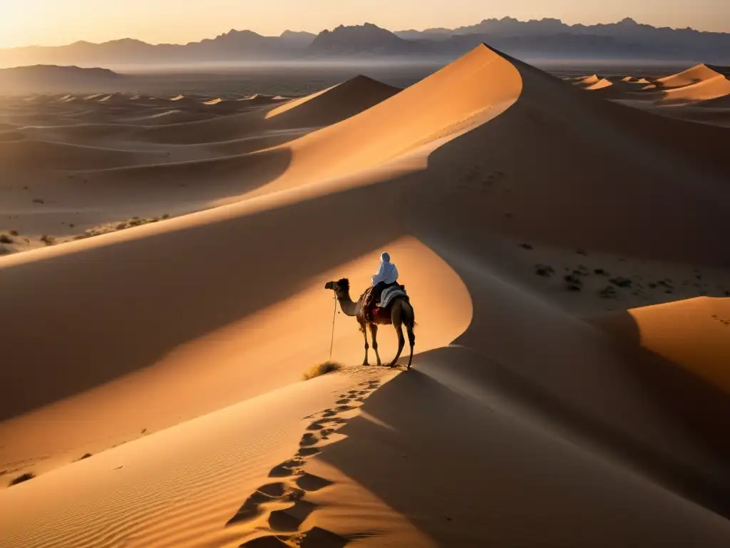 Un paisaje desértico impresionante al atardecer con una figura beduina y un camello