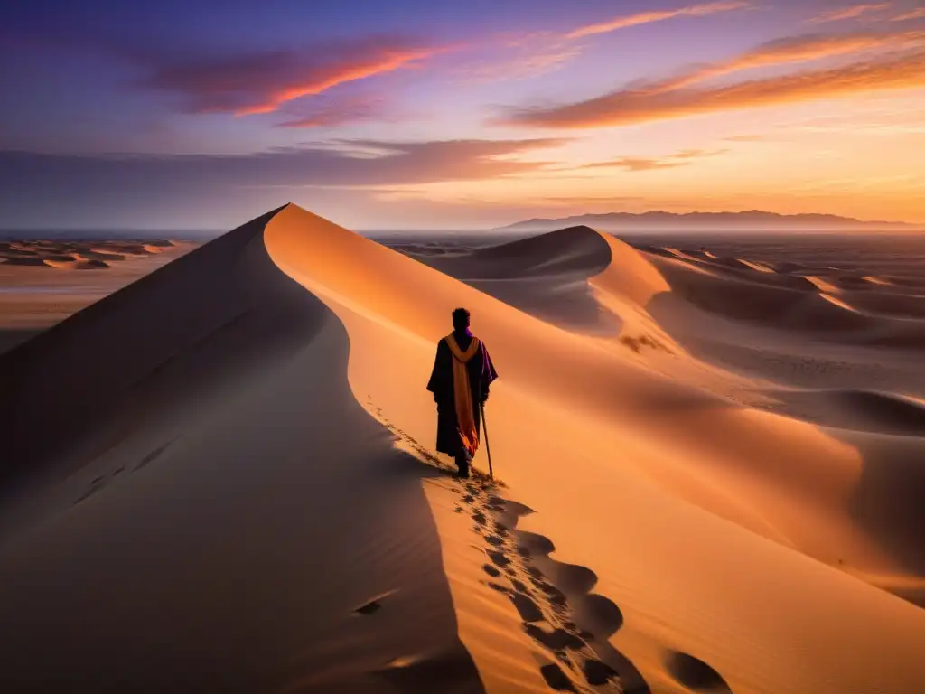 Un paisaje desértico místico al atardecer con una figura solitaria en túnicas, evocando una narrativa sufí en las mil y una noches