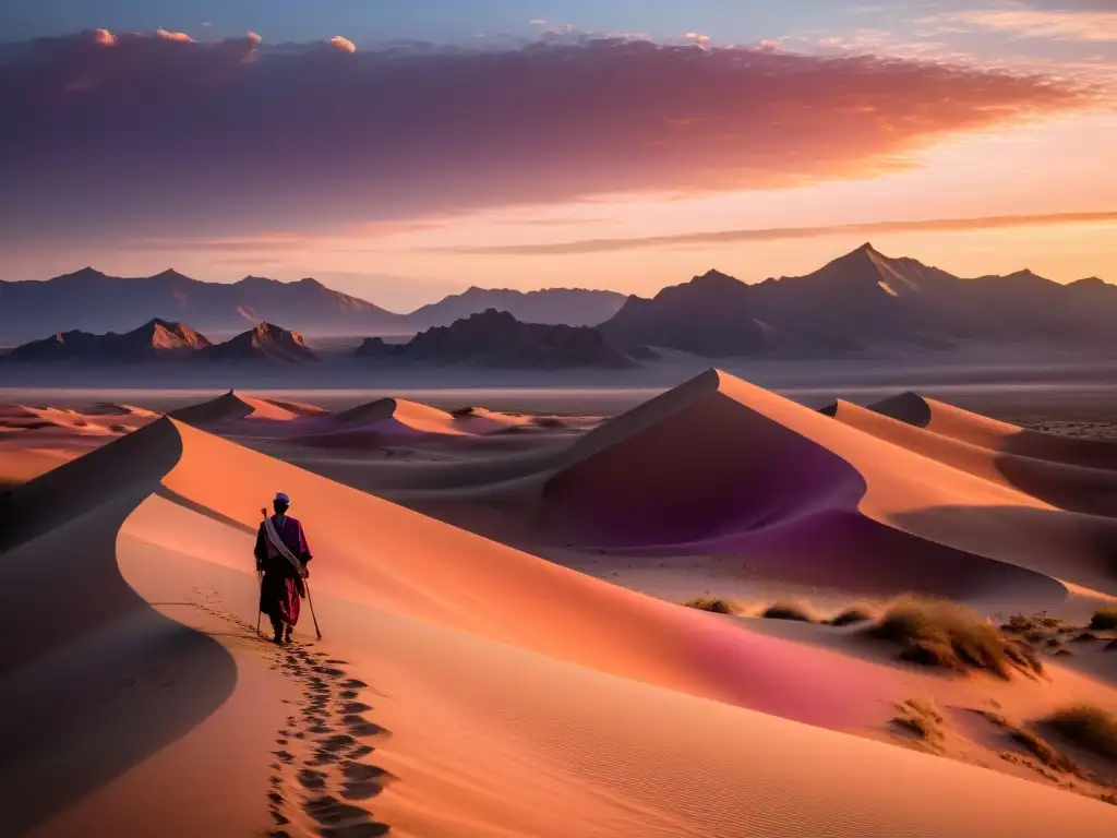 Un paisaje desértico místico al atardecer, con un sol radiante y sombras dramáticas