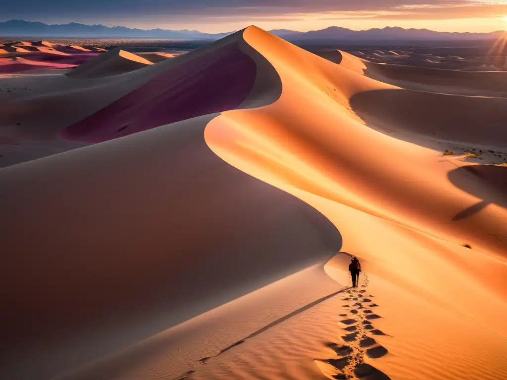 Un paisaje desértico sereno al atardecer con el sol dorado sumergiéndose en el horizonte, proyectando largas sombras sobre las dunas