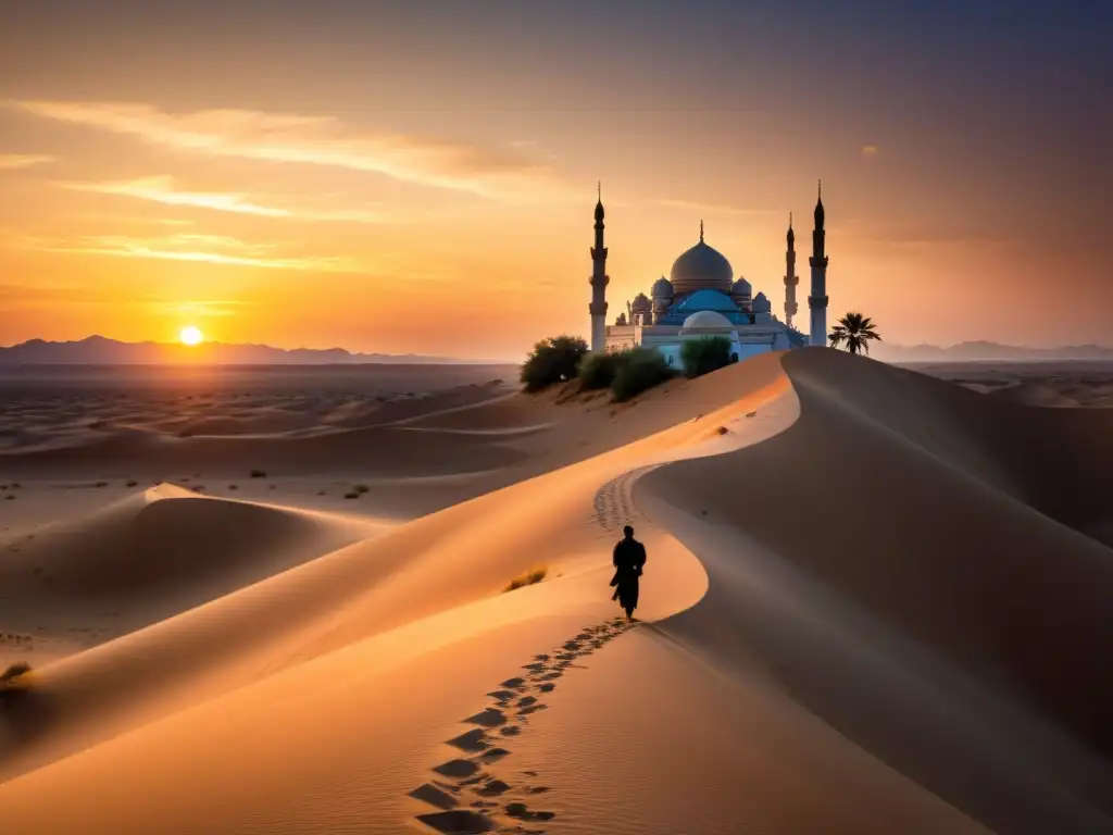 Un paisaje desértico sereno al atardecer con una figura solitaria caminando hacia una mezquita majestuosa