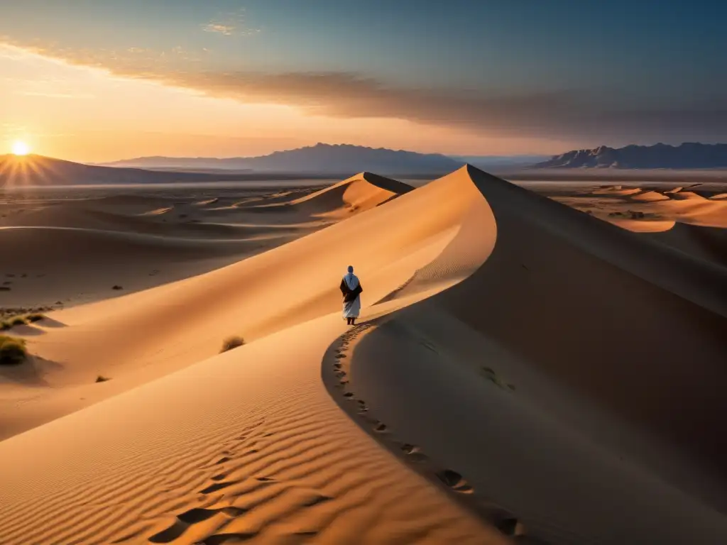 Un paisaje desértico sereno al atardecer con dunas de arena, un cielo estrellado y una figura sufi en meditación