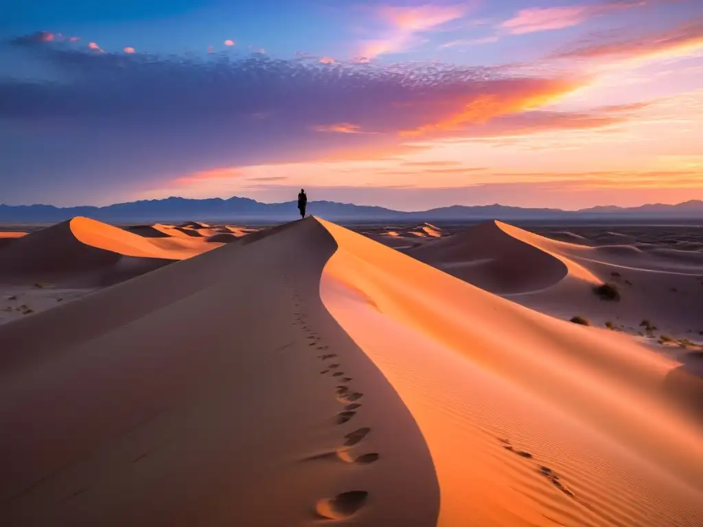 Un paisaje desértico sereno al atardecer, con dunas de arena dorada bajo la cálida luz anaranjada del sol