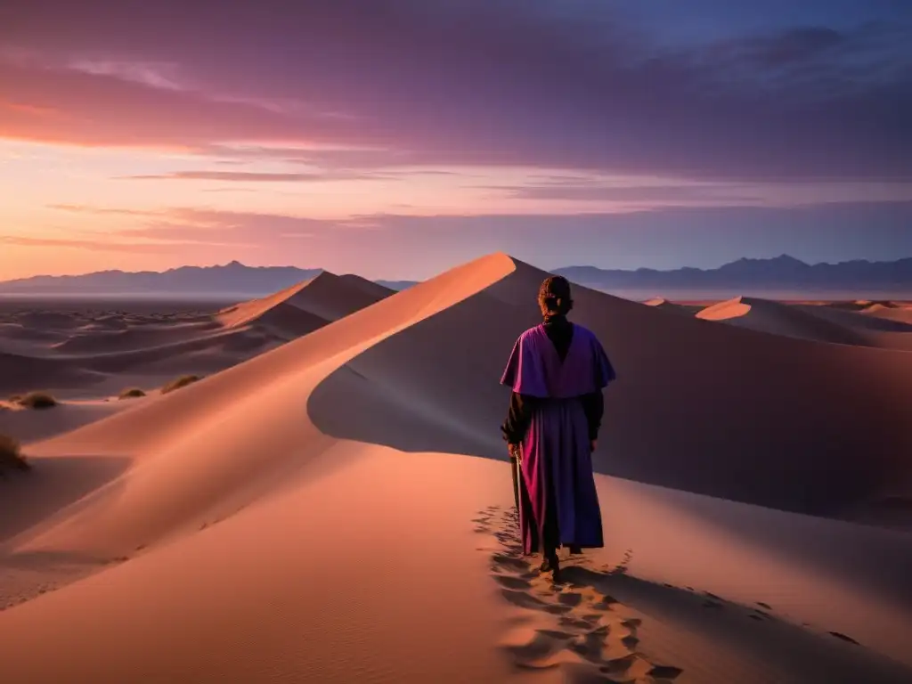 Un paisaje desértico sereno al atardecer, con las últimas luces del sol proyectando sombras dramáticas en las dunas