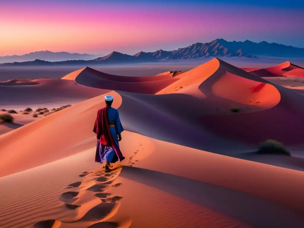 Un paisaje desértico sereno al atardecer, con colores vibrantes y un hombre sufí en conexión con la universalidad del mensaje literatura sufí