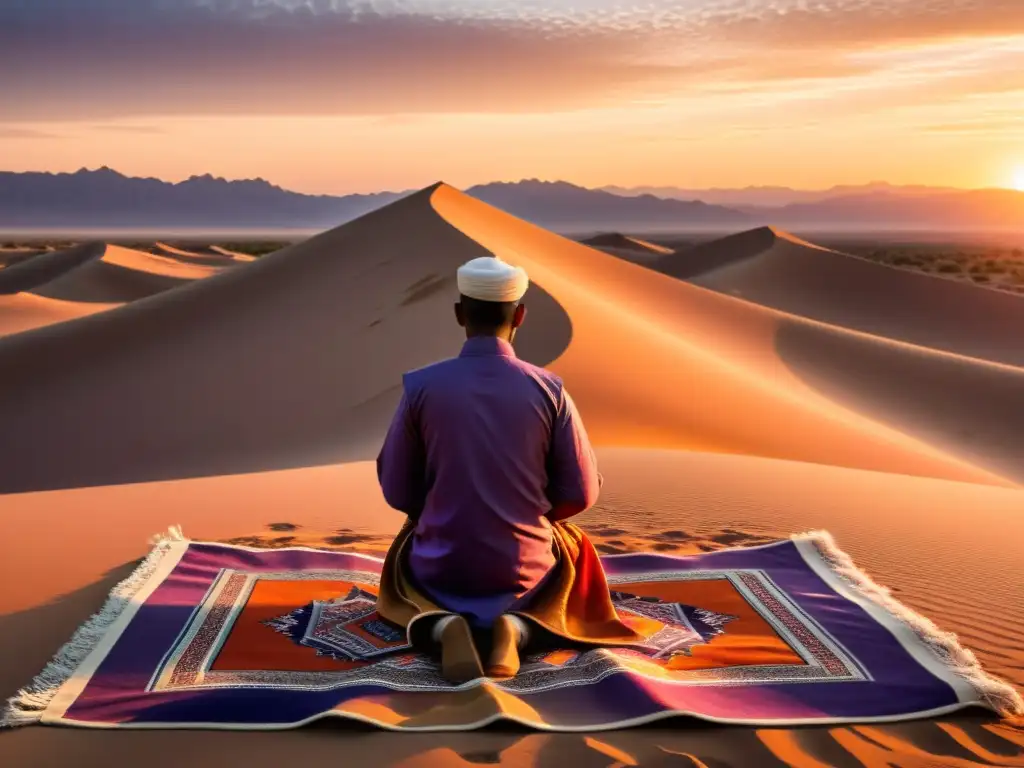 Un paisaje desértico sereno al atardecer, con dunas de arena y una figura en oración en una alfombra islámica, irradiando paz y devoción