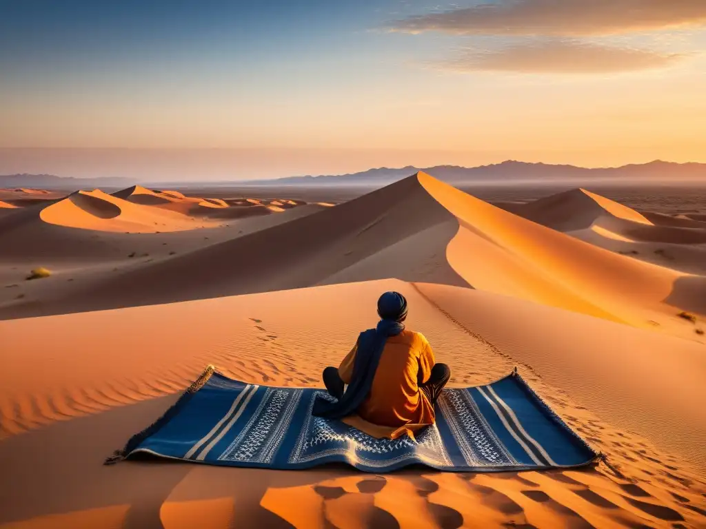 Un paisaje desértico sereno al atardecer con dunas doradas y un cielo azul profundo