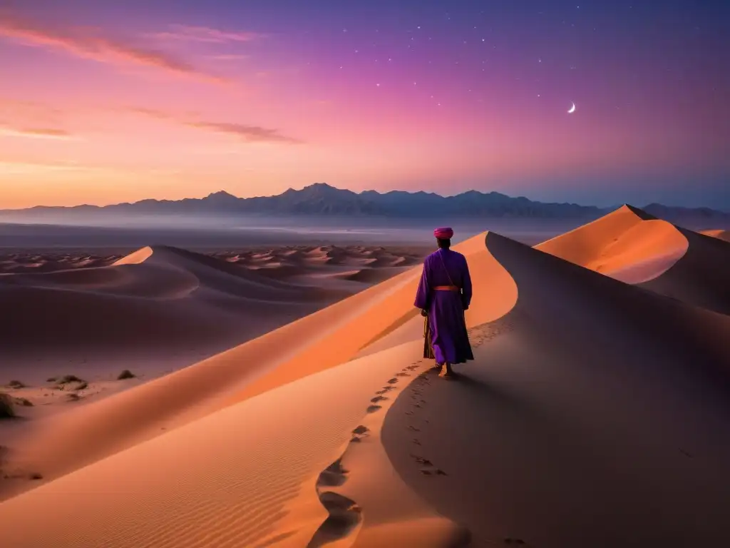 Un paisaje desértico sereno al atardecer, con una figura solitaria en atuendo Sufi entre las dunas