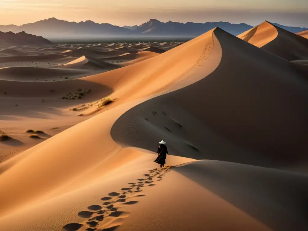 Un paisaje desértico sereno al atardecer, con un caminante solitario hacia un santuario sufí, evocando la poesía de Ibn alFarid