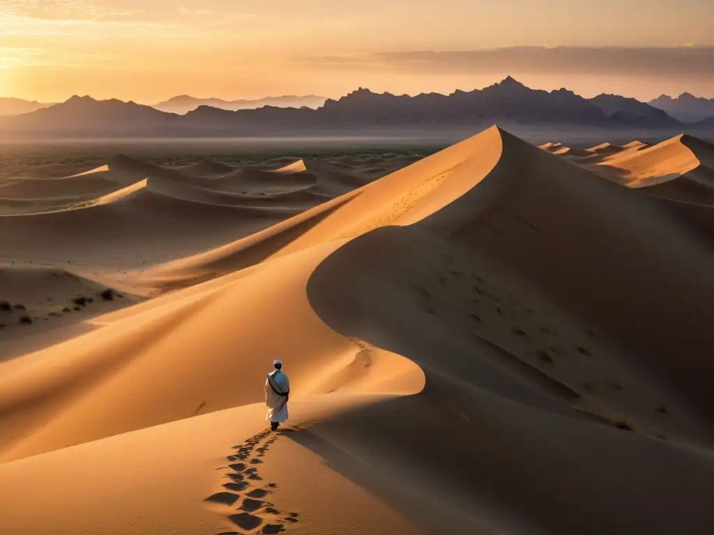 Un paisaje desértico sereno al atardecer con poesía islámica y enseñanzas de Ibn Arabi en caligrafía dorada