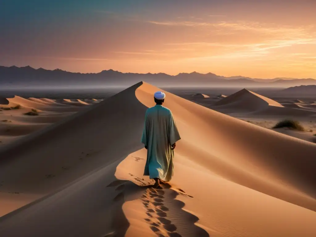 Un paisaje desértico sereno al atardecer con dunas de arena y una figura Sufi en contemplación bajo un cielo pastel