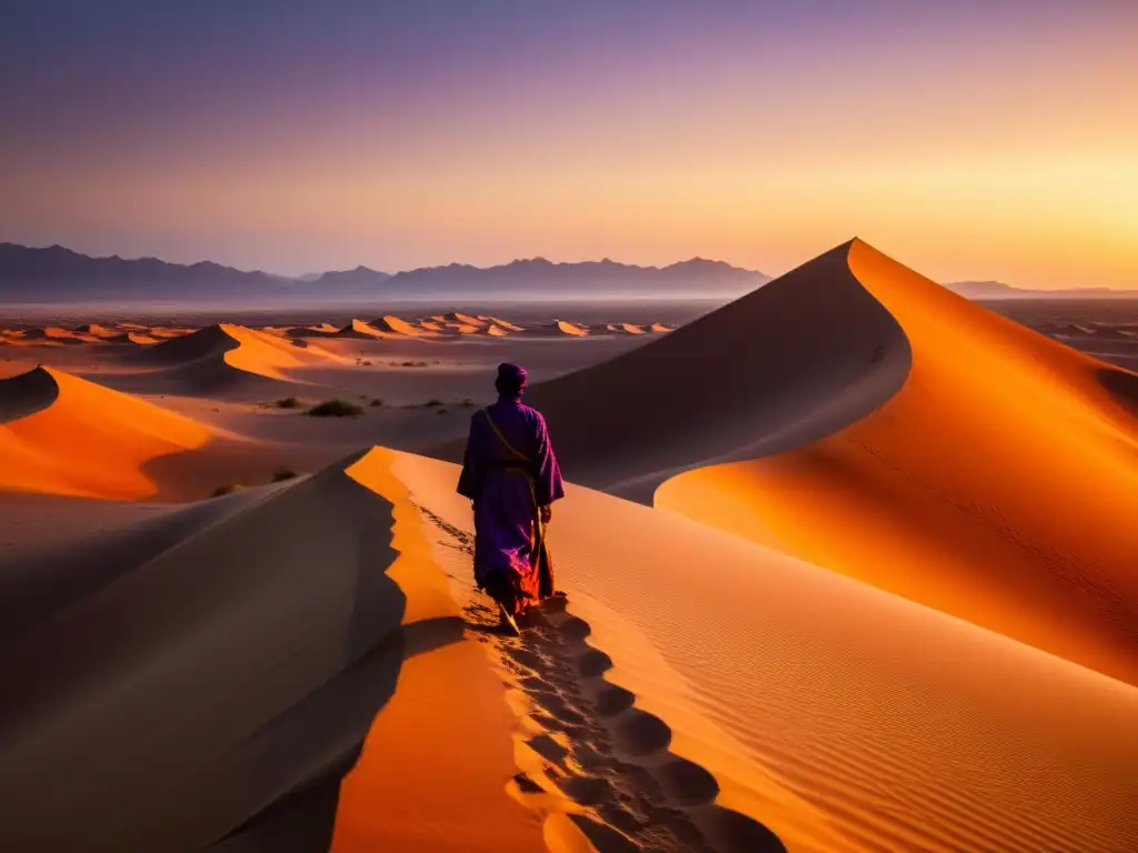 Un paisaje desértico sereno al atardecer con un figura Sufi en meditación bajo la prosa sufí como espejo