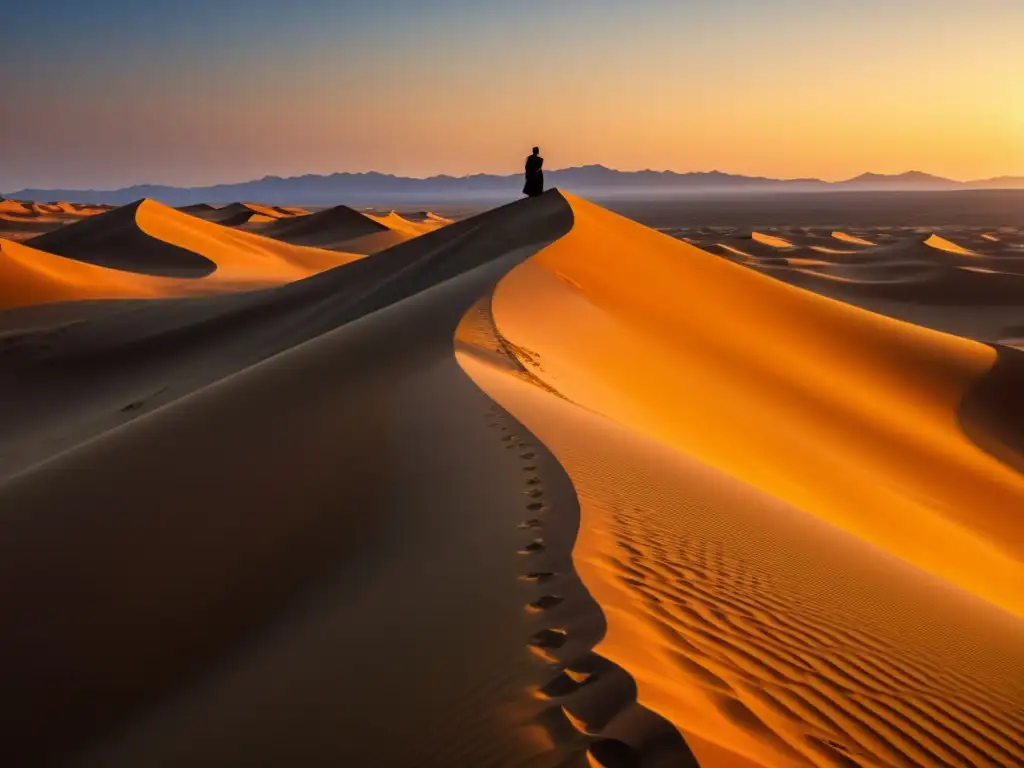 Un paisaje desértico sereno al atardecer con dunas de arena y un cielo despejado