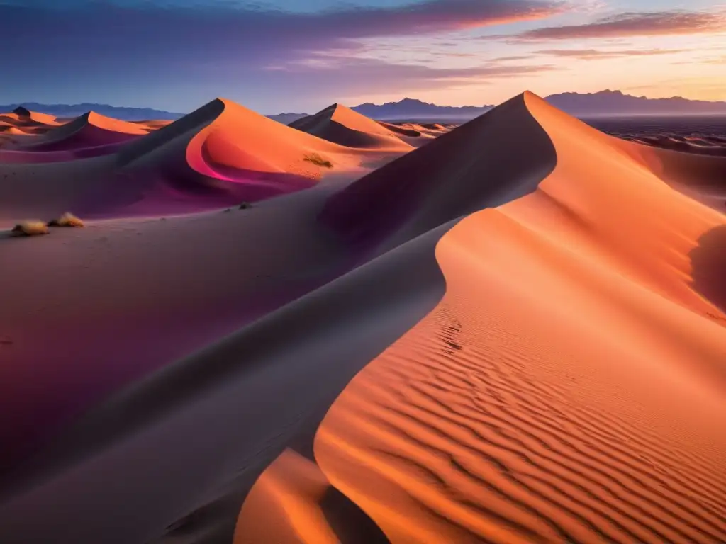 Un paisaje desértico sereno al atardecer, con sombras largas en las dunas y un cielo vibrante