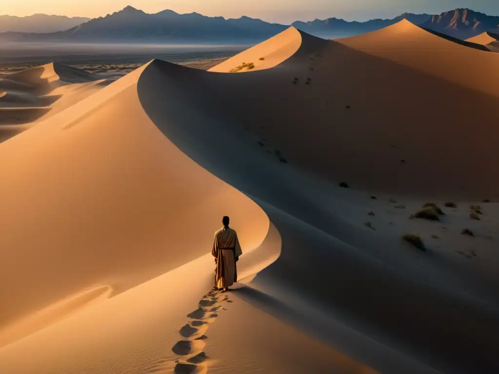 Un paisaje desértico sereno al atardecer, con una figura solitaria en túnicas contemplando la vastedad, influencia de la poesía sufí