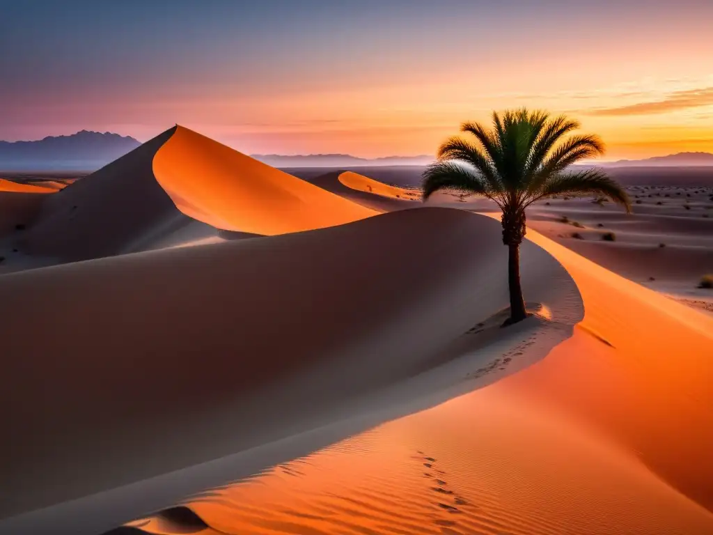 Un paisaje desértico sereno al atardecer, con un cielo naranja y rosado reflejado en un oasis tranquilo