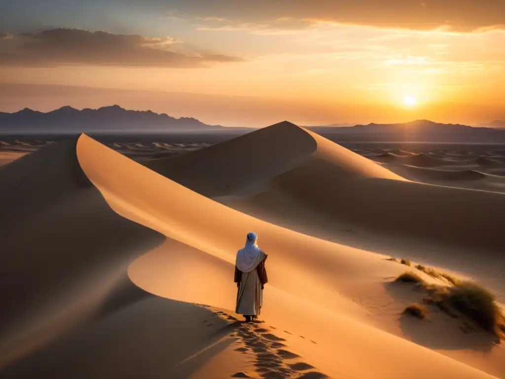 Un paisaje desértico sereno al atardecer, con el sol dorado desapareciendo bajo el horizonte y una figura solitaria con vestimenta islámica en contemplación