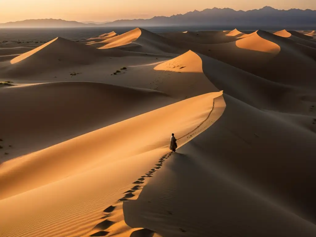 Un paisaje desértico sereno al atardecer, con el reflejo dorado del cielo en las dunas de arena