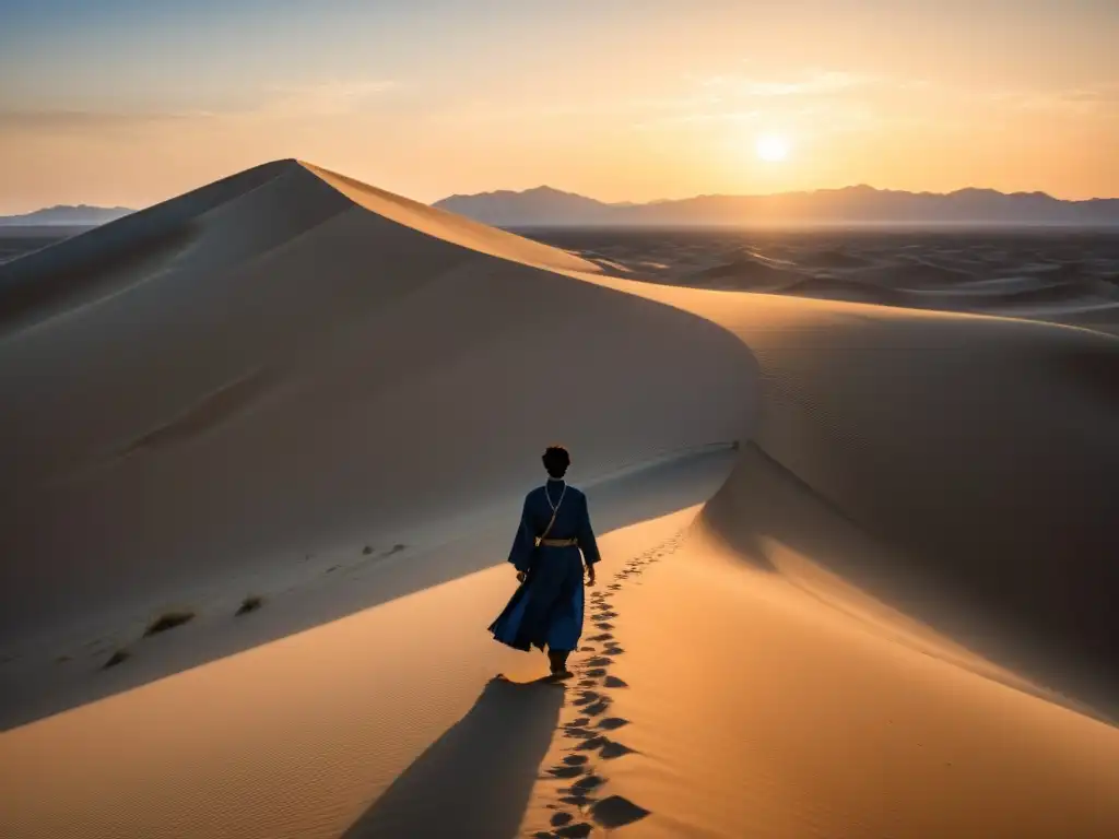 Un paisaje desértico sereno con dunas de arena, un figura solitaria en atuendo sufí bajo el sol poniente