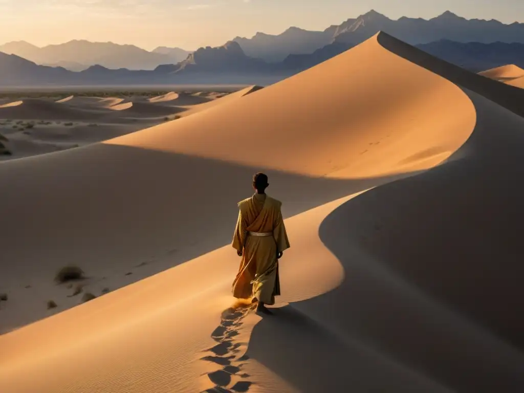 Un paisaje desértico sereno con una figura solitaria en contemplación, irradiando paz interior