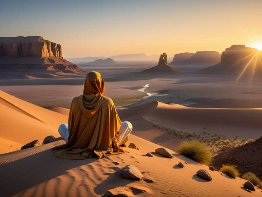 Meditación al Amanecer en el Desierto: Reflexiones Filosóficas Un paisaje desértico sereno al amanecer con una figura en contemplación, representando la filosofía islámica en la búsqueda de la verdad