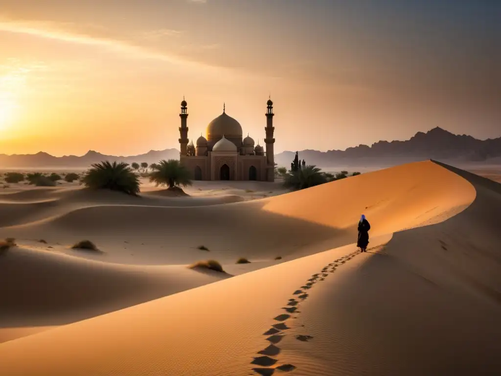 Un paisaje desértico sereno al amanecer con una figura solitaria caminando hacia una antigua mezquita, evocando la Ética del trabajo en Al-Ghazali