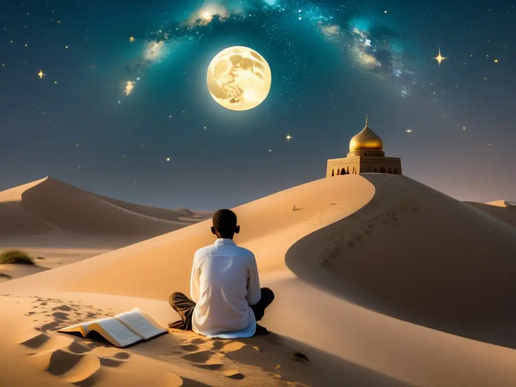 Un paisaje desértico sereno iluminado por la luna, con una figura solitaria entre antiguos textos